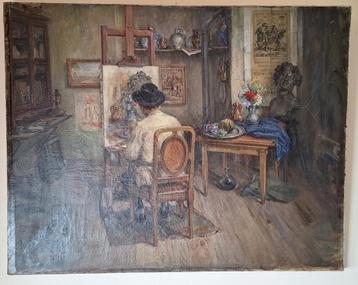Schilder in zijn atelier/Groot antiek schilderij/Te zien! /