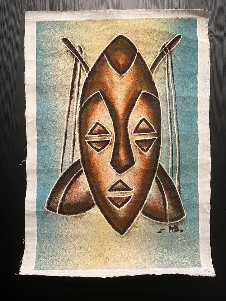 Uniek Congolees Zandkunstwerk Masker schilderij (1970–1990), Antiek en Kunst, Kunst | Schilderijen | Modern, Verzenden