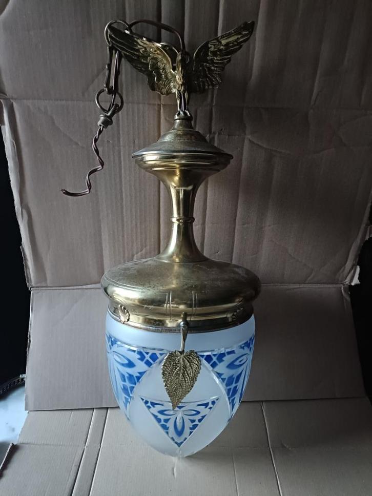Antiek kristal hal lamp met koperen bol, vintage, Antiek en Kunst, Antiek | Verlichting, Ophalen