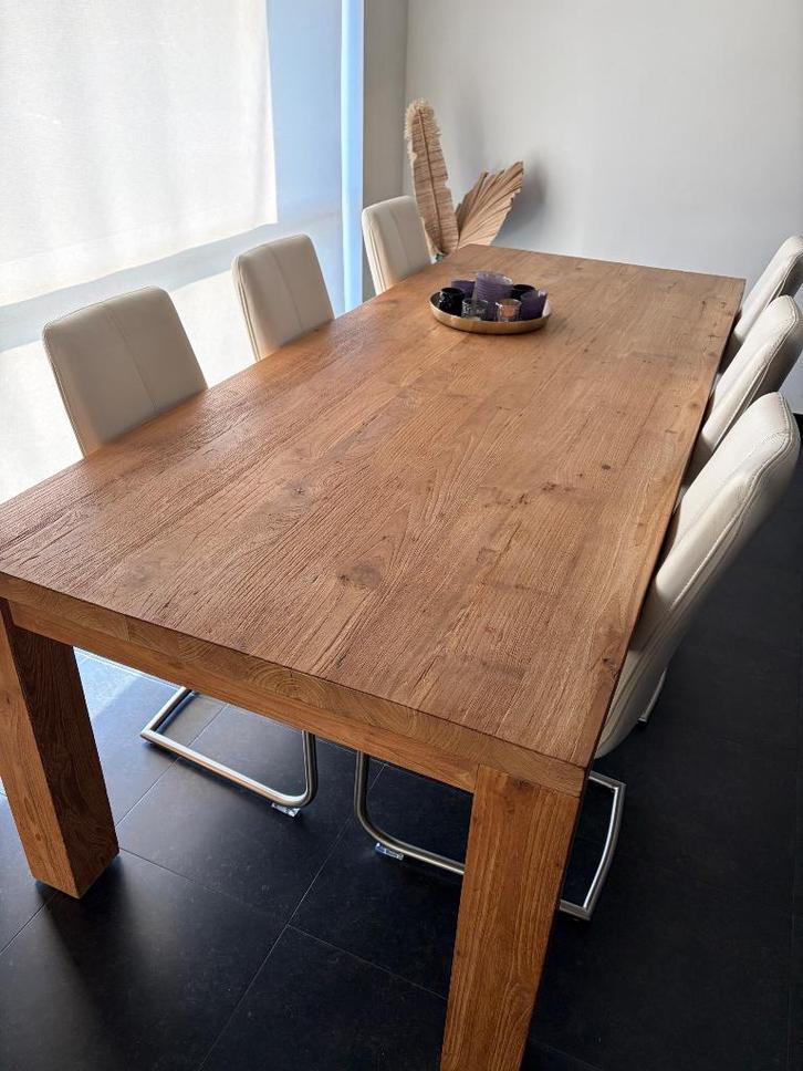 Prachtige eettafel  in teak met 6 lederen stoelen, Huis en Inrichting, Tafels | Eettafels, Zo goed als nieuw, 50 tot 100 cm, 200 cm of meer