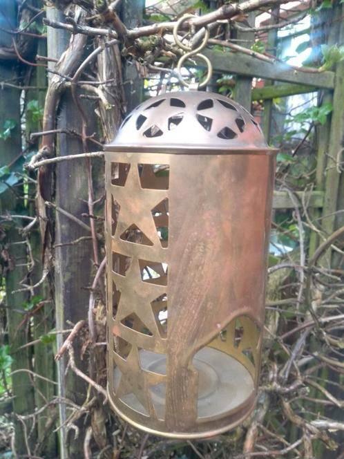 lantaarn -metaal(+blauw glas)+koperen windlicht, Antiek en Kunst, Antiek | Brons en Koper, Koper, Ophalen of Verzenden