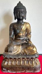 Gedeeltelijk verguld massief bronzen Boeddhabeeld - Nepal, Antiek en Kunst, Ophalen of Verzenden