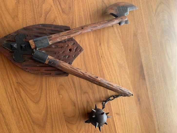 Vintage jaren 50 Houten goedendag en bijl , Antiek en Kunst, Antiek | Gereedschap en Instrumenten, Ophalen of Verzenden