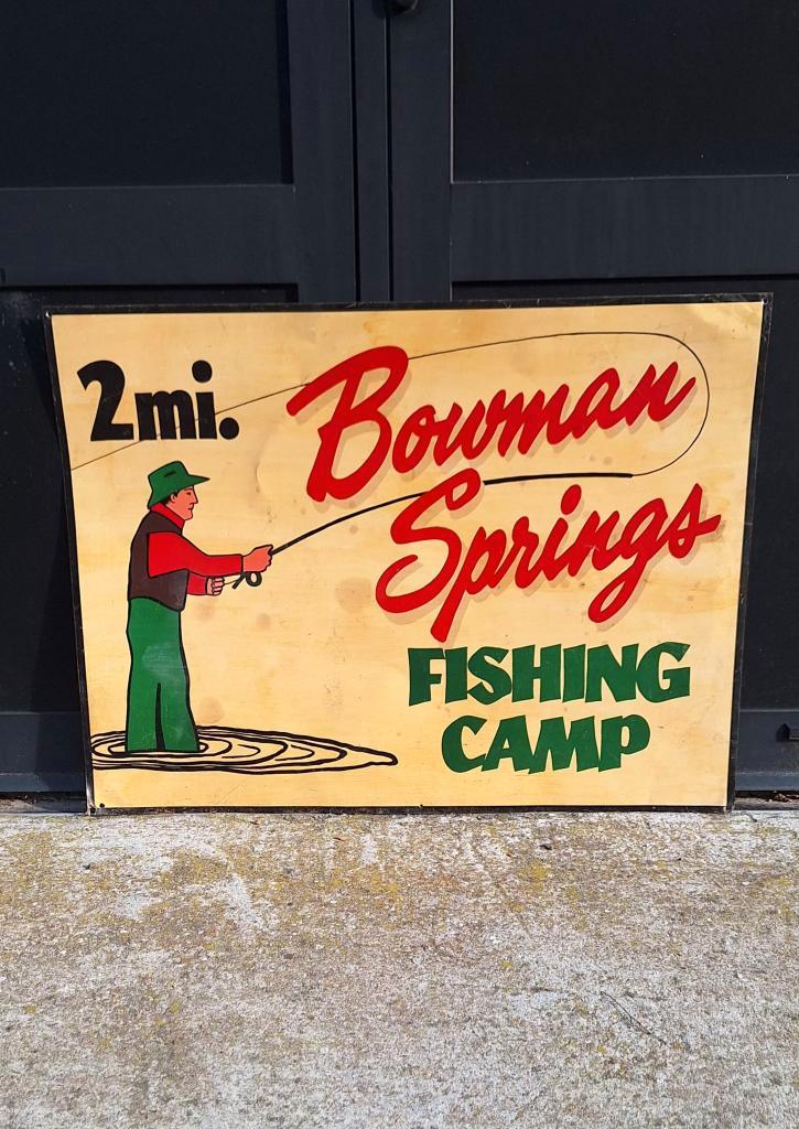 Origineel USA reclamebord Bowman Springs Fishing Camp🎣, Collections, Marques & Objets publicitaires, Utilisé, Panneau publicitaire