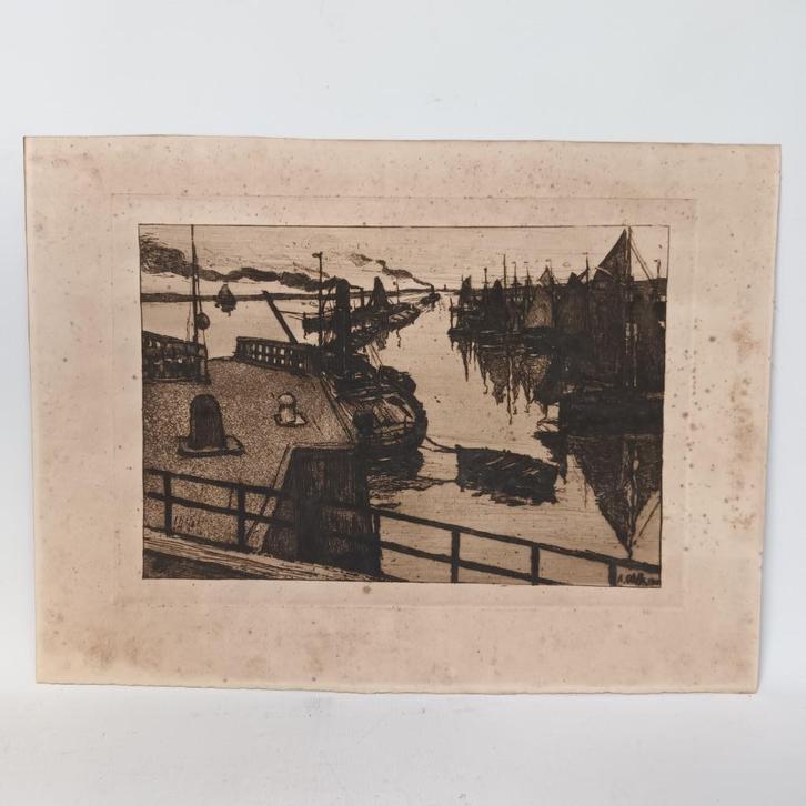 August Oleffe (1867-1931) - ets - Havenzicht kust van Nieuwp, Antiek en Kunst, Kunst | Etsen en Gravures, Ophalen of Verzenden