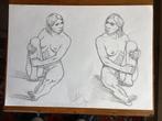 Dessin original Nu feminin (jumelles) 30 x 42 cm-bel état, Enlèvement ou Envoi