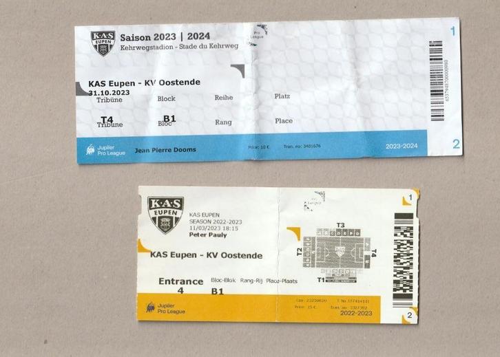 2 versch. (gebruikte) tickets : Eupen - Oostende (2023), Verzamelen, Sportartikelen en Voetbal, Gebruikt, Overige typen, Ophalen of Verzenden