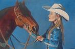 grande peinture à l'huile cowgirl/cheval (75x115cm), Enlèvement ou Envoi