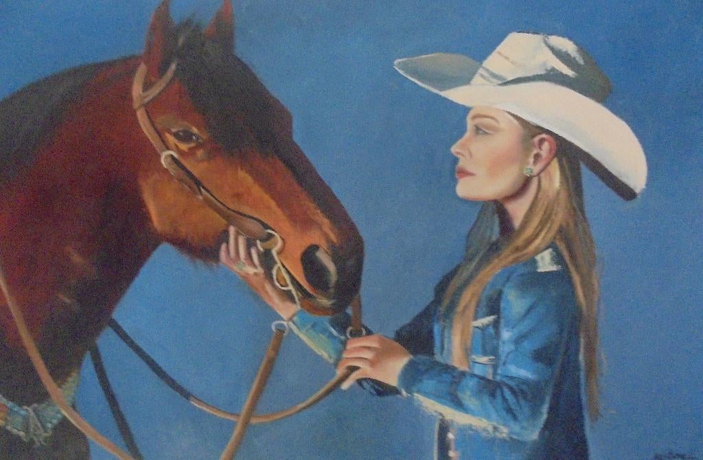 groot olieschilderij cowgirl/horse (75x115cm), Antiek en Kunst, Kunst | Schilderijen | Klassiek, Ophalen of Verzenden