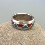Navajo zilveren ring met edelstenen van turkoois en koraal, Blauw, Met edelsteen, Ophalen of Verzenden, Dame