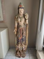 Antiek massief houten polychroom Guanyin beeld, Antiek en Kunst, Ophalen