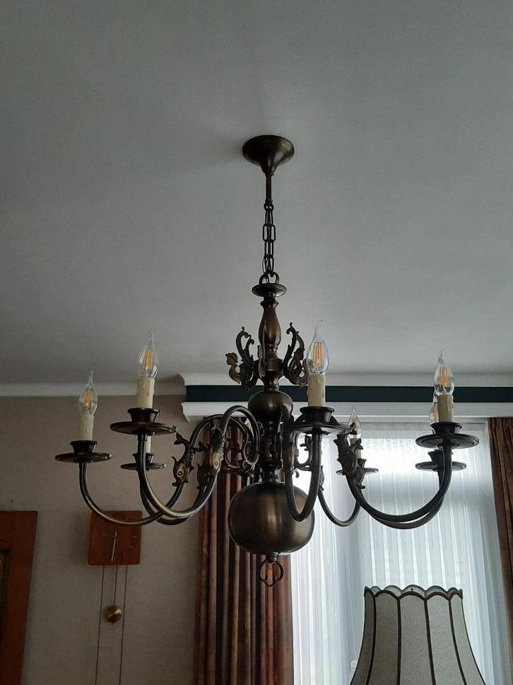 Mooie bronzen 8 armige luster met vissen en zeemeerminnen, Huis en Inrichting, Lampen | Kroonluchters, Gebruikt, Metaal, Ophalen