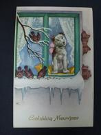 oude prentkaart Gelukkig Nieuwjaar hond raam sixties, Gelopen, Feest(dag), 1960 tot 1980, Ophalen of Verzenden
