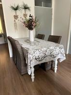 Eettafel met 4 rieten stoelen en bijpassende salontafel, Huis en Inrichting, Ophalen, Gebruikt, Vier personen, Grenenhout
