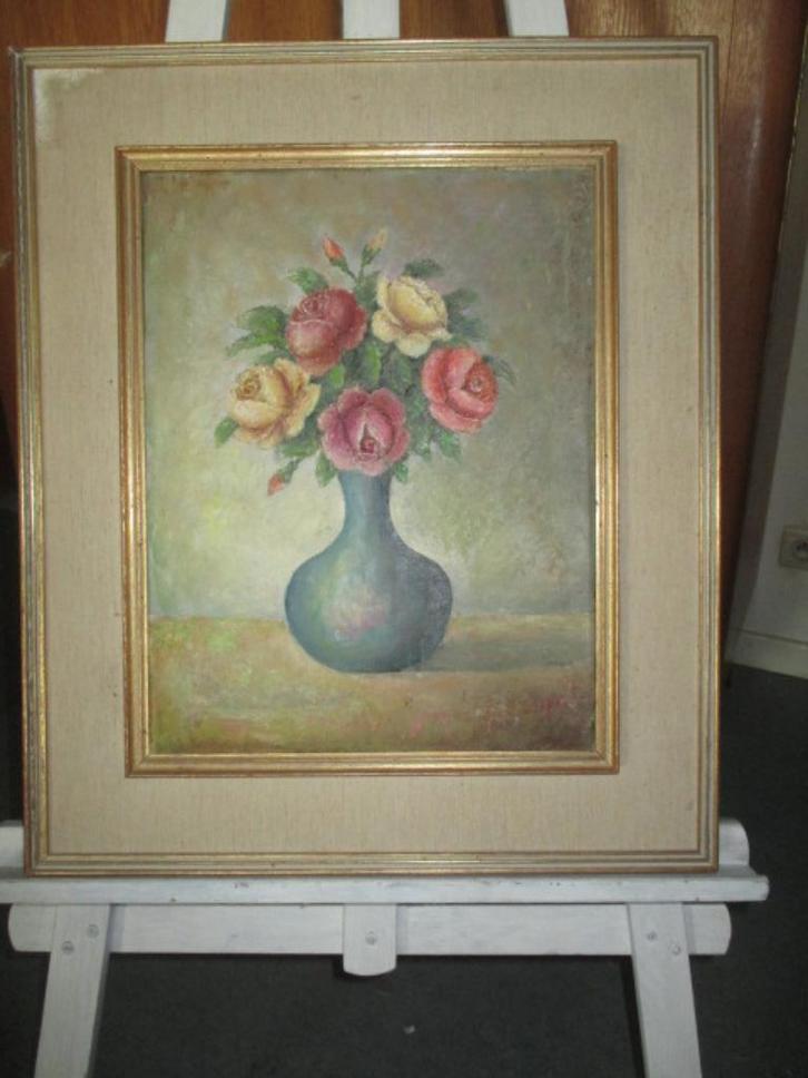 Schilderij "Blauwe vaas met rozen", Antiek en Kunst, Kunst | Schilderijen | Klassiek, Ophalen of Verzenden