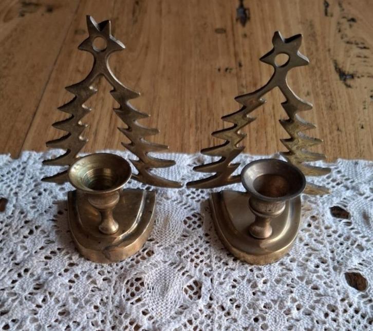 2 koperen kandelaartjes met kerstboompjes, KERST, Diversen, Kerst, Gebruikt, Ophalen of Verzenden
