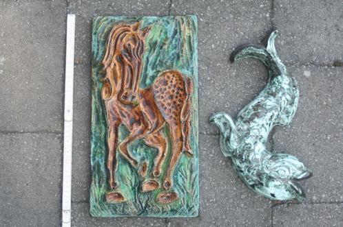 2 x Keramiek wandtegel met paard / vis (jaren 60), Antiek en Kunst, Antiek | Keramiek en Aardewerk, Ophalen of Verzenden