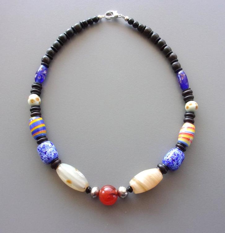 Dameshalsketting in carneool en agaat met Murano kralen, Handtassen en Accessoires, Kettingen, Nieuw, Steen of Mineraal, Blauw