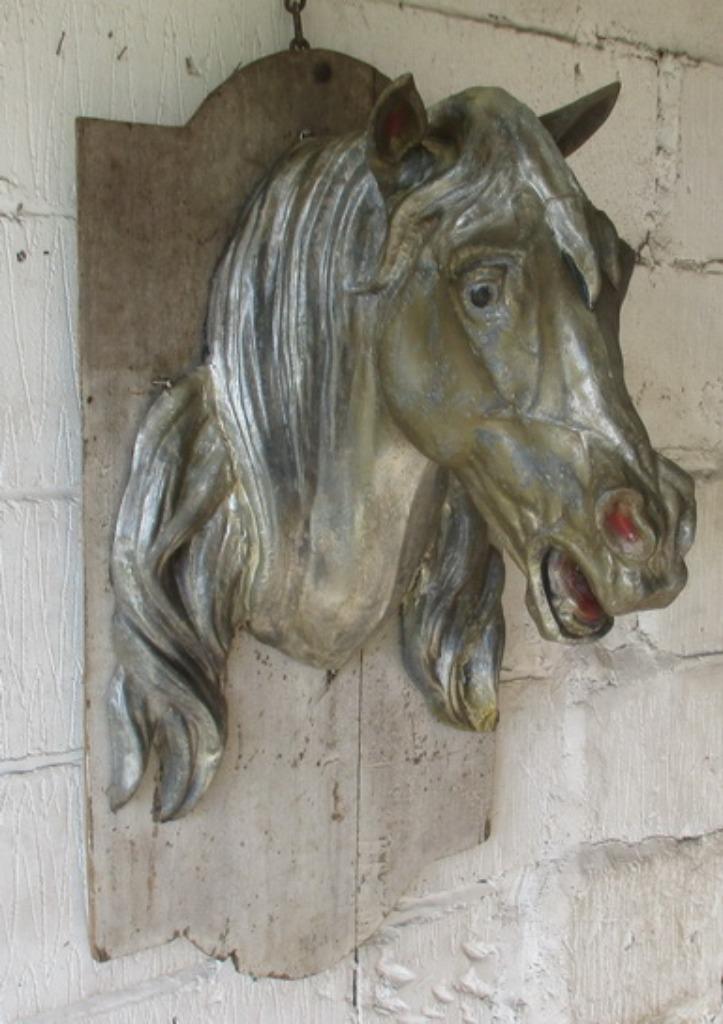 supergrote antieke paardenkop in zink uit oude slagerij, Antiek en Kunst, Curiosa en Brocante, Ophalen