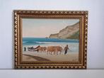 Olie op doek - Zeezicht met ossen en vissers, Antiek en Kunst, Ophalen of Verzenden