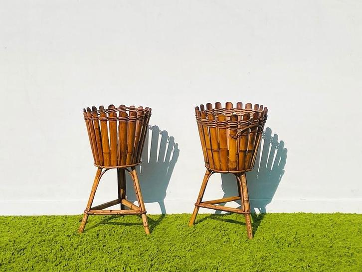 Bamboe plantenstandaard * Vintage jaren 50 * Plantenhouder, Tuin en Terras, Bloempotten, Gebruikt, Binnen, Rond, Ophalen of Verzenden