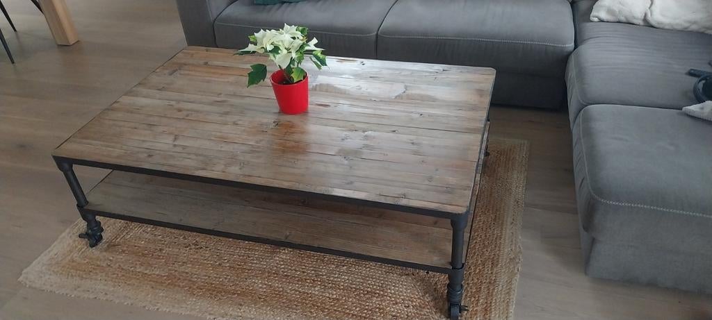 Table salon fer forgé et bois sur roues (tapis offert), Maison & Meubles, Enlèvement