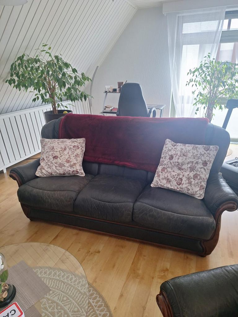 Volledig zwart lederen salon - goed onderhouden, Ophalen, Gebruikt, Leer