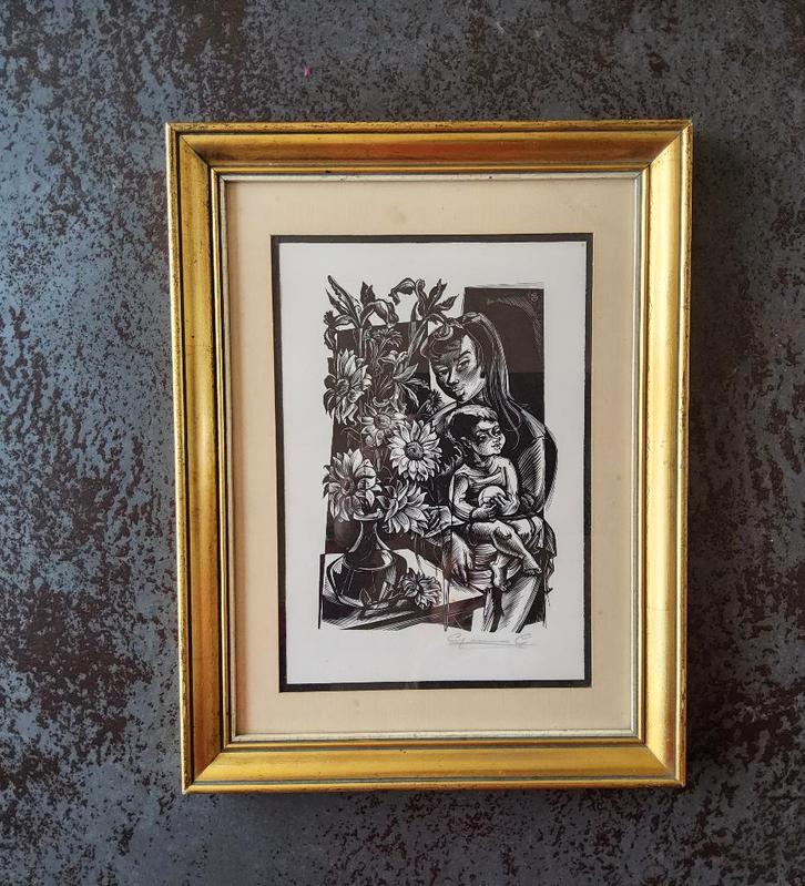 Houtsnede moeder en kind door Gerard Gaudaen (1927-2003), Antiek en Kunst, Kunst | Etsen en Gravures, Ophalen of Verzenden