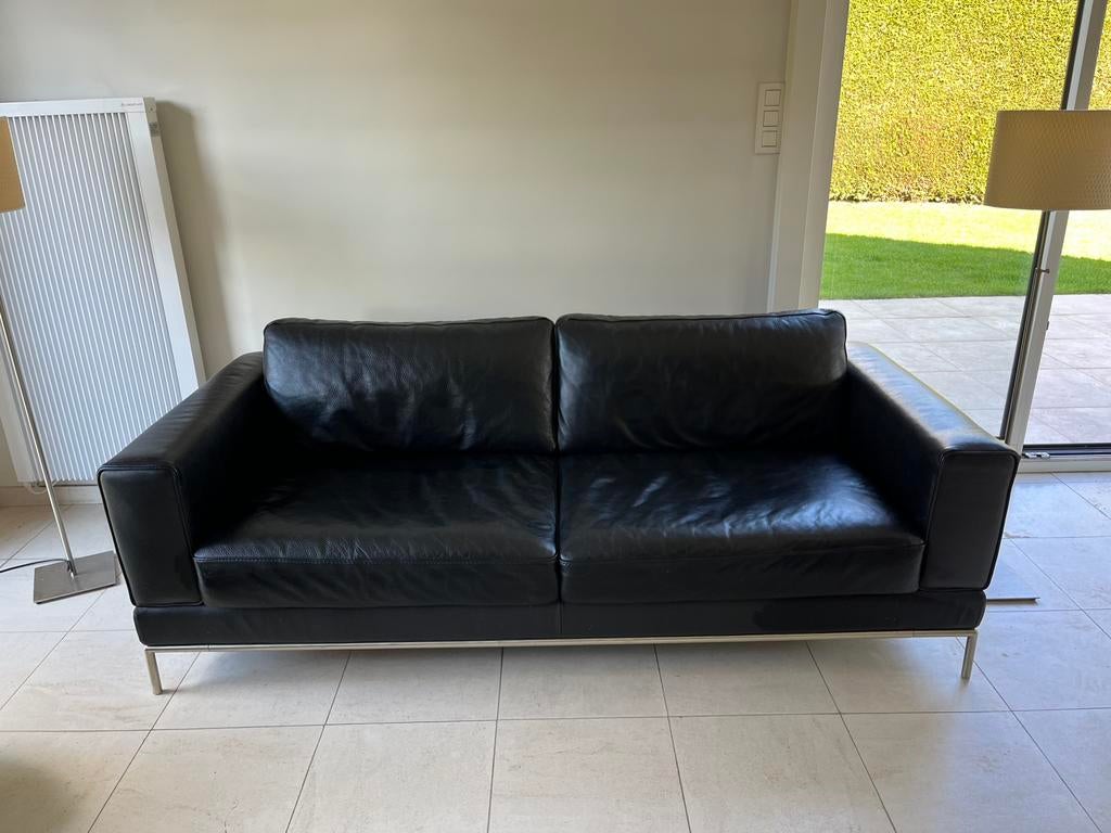 Zwart lederen 3-zit, Maison & Meubles, Canapés | Salons, 200 à 250 cm, Banc droit, Enlèvement, Utilisé