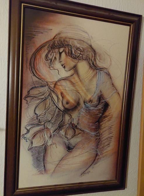 vintage naakt op papier-paneel 70er jaren, Huis en Inrichting, Ophalen, Schilderij, Papier/karton, Handgemaakt