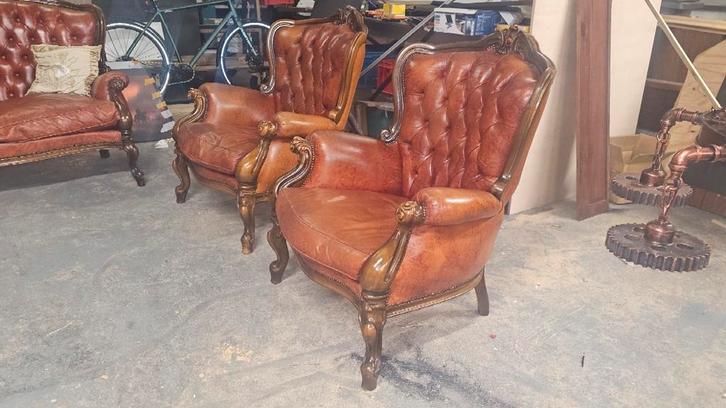 salon Chesterfield classique, Maison & Meubles, Fauteuils, Utilisé, Bois, Cuir, Enlèvement