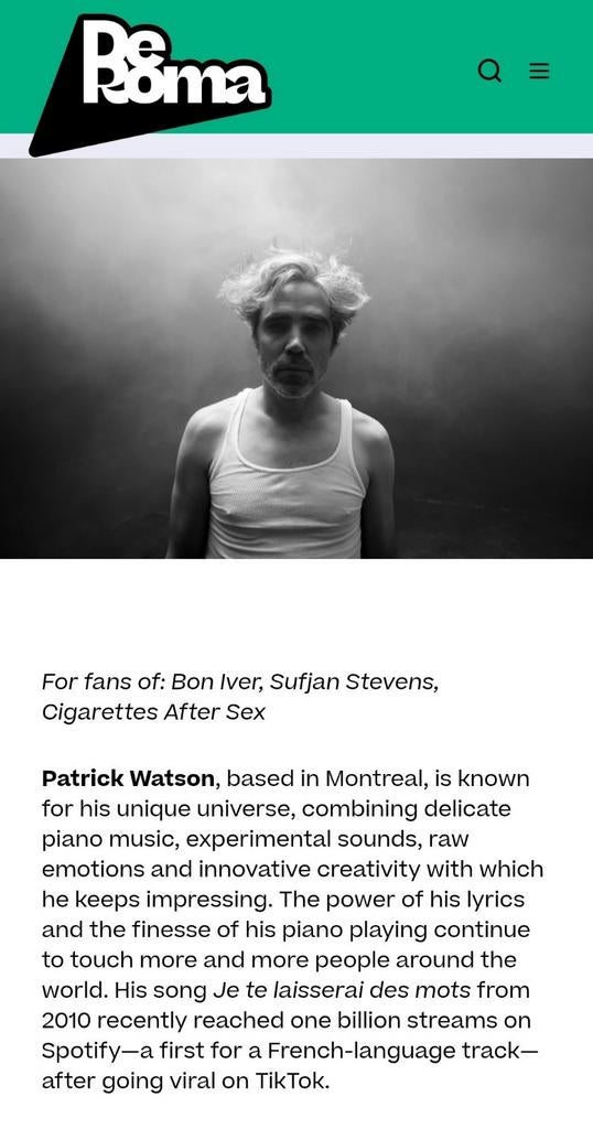 1x billet - Patrick Watson, 12 juin, DeRoma, Anvers, Juin