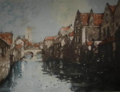 Cassiers Henry * Stadszicht aan het water * Oudenaarde, Antiek en Kunst, Kunst | Litho's en Zeefdrukken, Ophalen of Verzenden