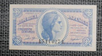Bankbiljet 0,50 centimo Spanje 1937 UNC, Postzegels en Munten, Bankbiljetten | Europa | Niet-Eurobiljetten, Ophalen of Verzenden