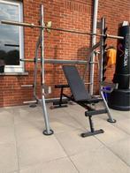 olympische squatrek met barbell en bank, Sport en Fitness, Fitnessmaterialen, Ophalen, Gebruikt, Benen, Fitnessbank