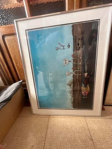 Grote kunstdruk met katten en vis in humoristische stijl beschikbaar voor biedingen