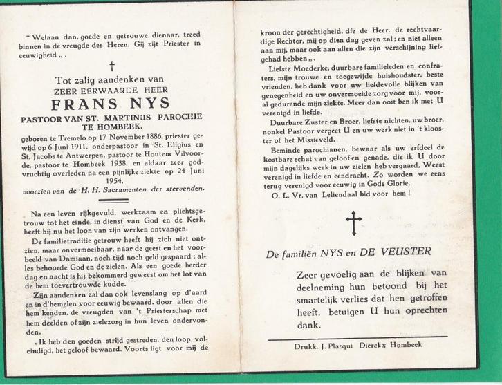 Priester Frans Nys, Collections, Images pieuses & Faire-part, Image pieuse, Envoi