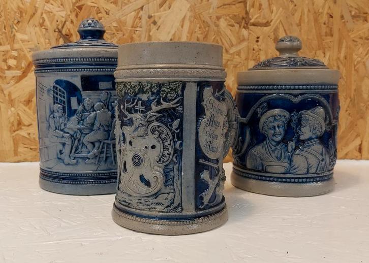 Tabac et bière. 2 tabatières et 1 chope. Chasse. Grès., Collections, Articles de fumeurs, Briquets & Boîtes d'allumettes, Envoi