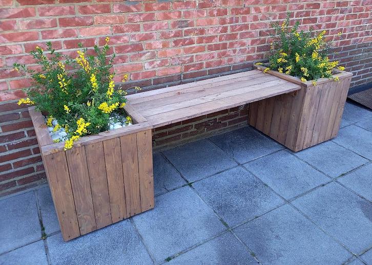 bloembakken met zitbank handgemaakt steigerhout look, Tuin en Terras, Bloembakken en Plantenbakken, Nieuw, Hout, Binnen, Balkon