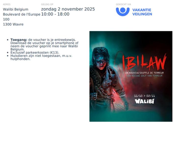 Ticket walibi Halloween 2p zondag 2 november 2025, Tickets en Kaartjes, Recreatie | Pretparken en Attractieparken, Twee personen