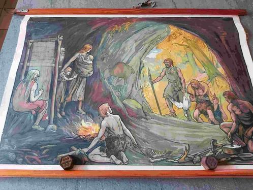 Oude Belgen Holbewoner Steen Speer Mammoet Dier Huis, Antiek en Kunst, Antiek | Schoolplaten, Geschiedenis, Verzenden