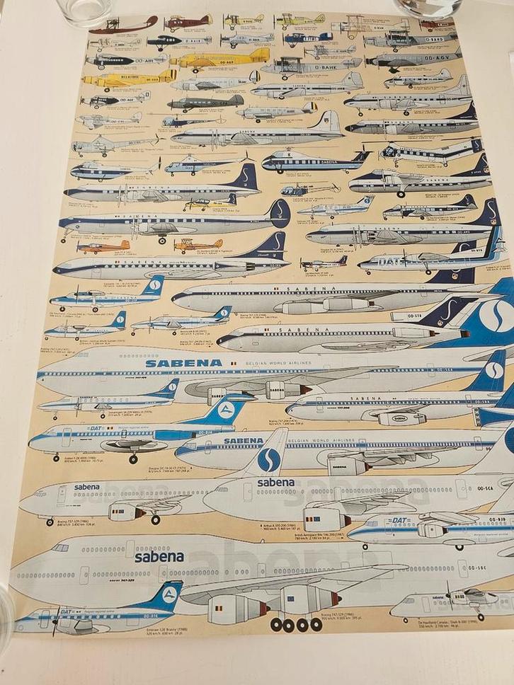poster met verschillende vliegtuigen van Sabena,, Verzamelen, Sabenasouvenirs, Ophalen of Verzenden
