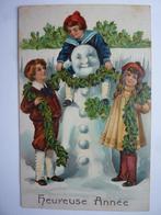 Postkaart: Heureuse Année (Relief) met kinderen en sneeuwman, Gelopen, Kinderen, Ophalen of Verzenden