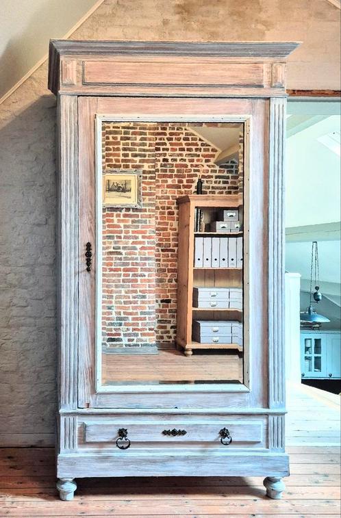 Vintage geceruseerde spiegelkast met lade., Huis en Inrichting, Kasten | Kleerkasten, Gebruikt, 200 cm of meer, 100 tot 150 cm