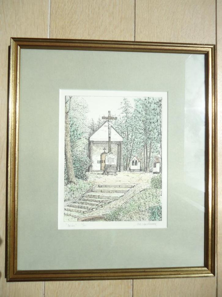NIJLEN Kruiskensberg Bevel kleurlitho M. VAN DAMME gekaderd, Antiek en Kunst, Kunst | Litho's en Zeefdrukken, Ophalen of Verzenden