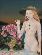 Favre:  Naakte vrouw met vaas met bloemen (50 x 63 cm), Ophalen of Verzenden
