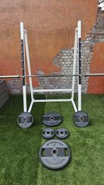 Olympische stang met squatrek + 70kg schijven, Sport en Fitness, Ophalen, Gebruikt