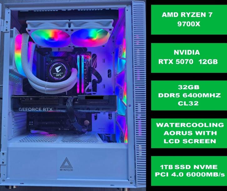 PC GAMER 1440P AMD Ryzen 7 9700X RTX 5070 WATERCOOLING NEUF, Computers en Software, Desktop Pc's, Nieuw, 4 Ghz of meer, SSD, 32 GB