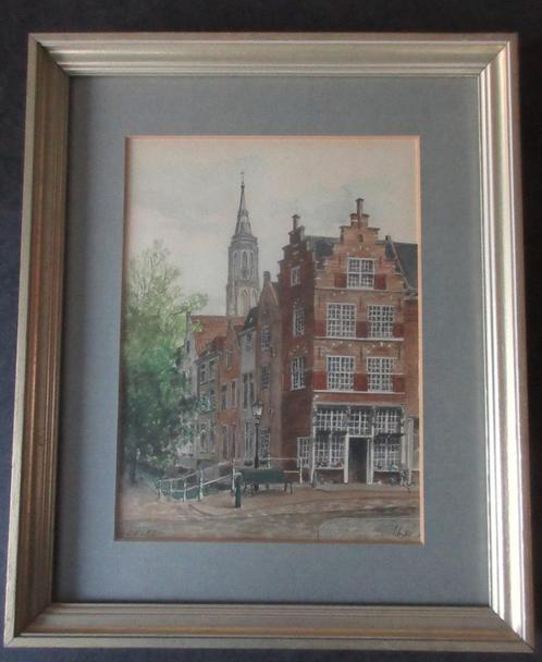 Aquarel Delft met zicht op Nieuwe Kerk - L. Boschmans, Antiek en Kunst, Kunst | Schilderijen | Klassiek, Ophalen of Verzenden