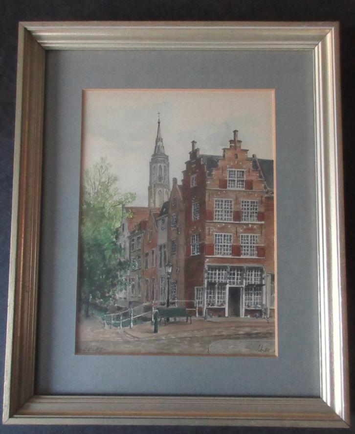 Aquarel Delft met zicht op Nieuwe Kerk - L. Boschmans, Antiek en Kunst, Kunst | Schilderijen | Klassiek, Ophalen of Verzenden
